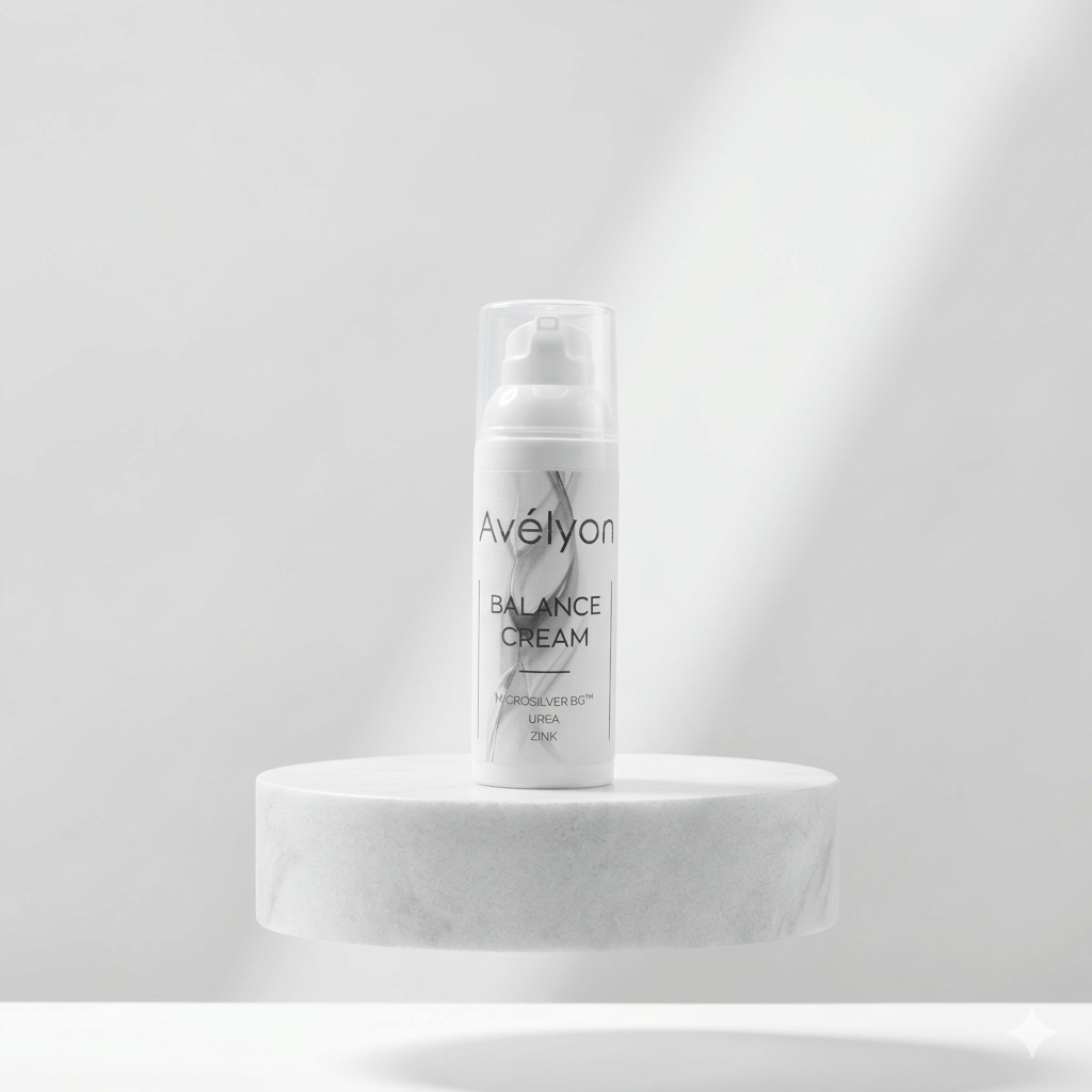 Avélyon Balance Cream auf hellem Podest vor minimalistischem Hintergrund