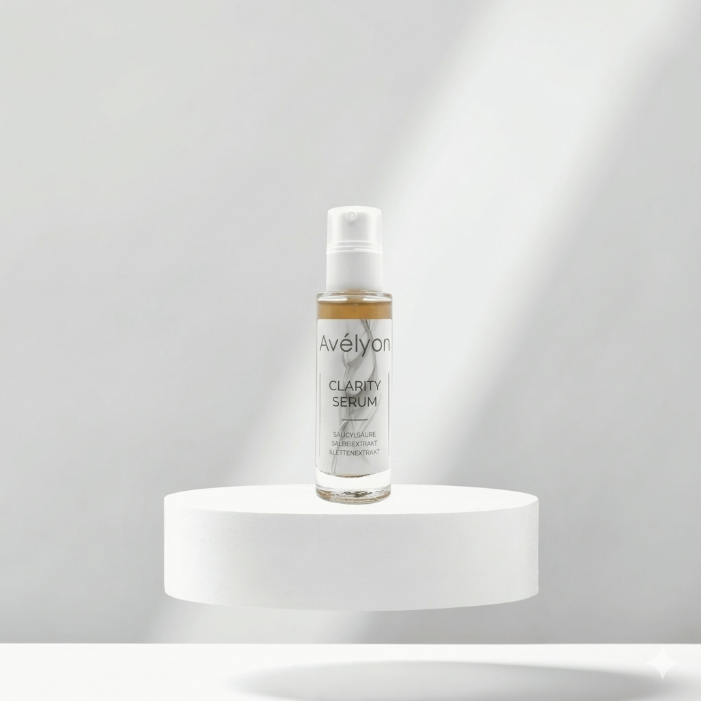 Avélyon Clarity Serum auf weißem rundem Podest vor hellem Hintergrund