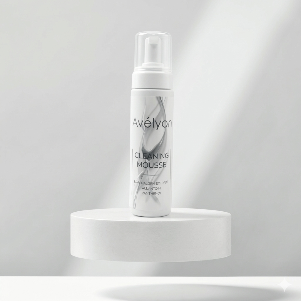 Avélyon Cleaning Mousse auf weißem rundem Podest vor hellem Hintergrund